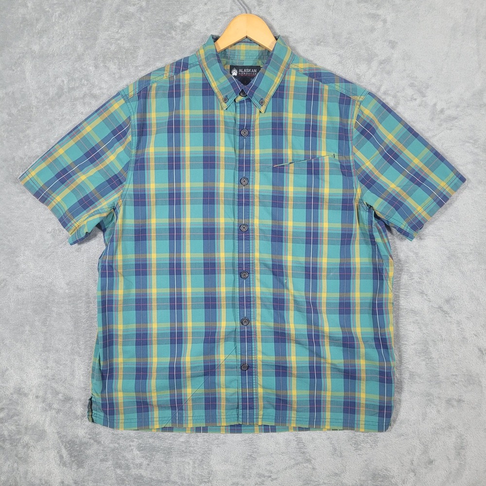 Alaskan Hardgear Shirt Mens L Teal Yellow Plaid Short Sleeve Button Down Pocket